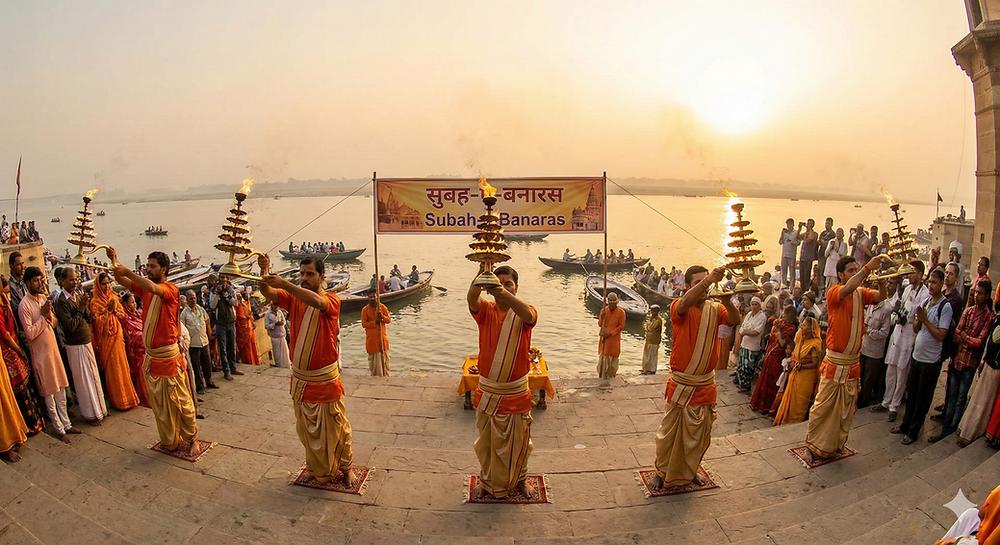 Subah-e-Banaras at Assi Ghat — 4 minutes from Aadya Palace